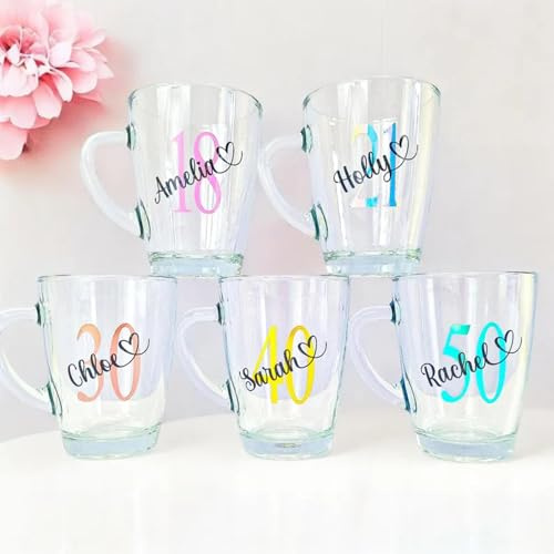Personalised Birthday Glass Tea Coffee Cup Gifts for Her, Him, Girl, Boy, Women, Men Bestie 18th 21st 30th 40th 50th 60th 70th 80th Any Age Party Present Idea