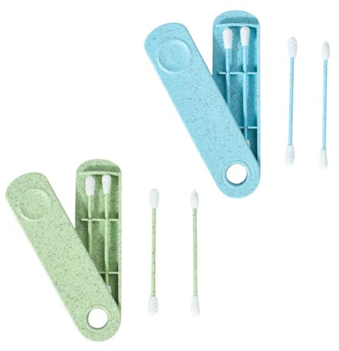 COYUN 4 Stück Wattestäbchen Wiederverwendbar Ohrenstäbchen Doppelendige Spirale, Wiederverwendbare Wattestäbchen, Ohrreiniger Spirale mit 2 Behälter Grün und Blau für Ohrreinigung Make-Up, etc