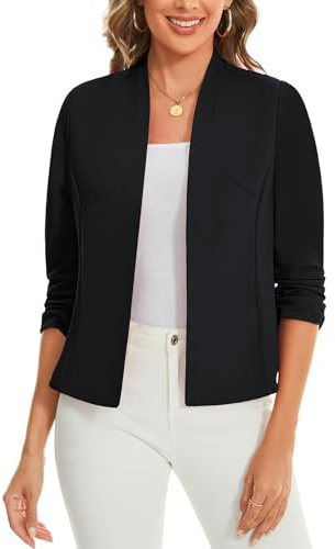 Womens Open Front Blazer Cropped 3/4 Sleeve Smart Cover UP Jackets Suits | Open Front Blazers Cardigans 3/4 Ruched Sleeve Jackets Womens UK Blazer Shrug Crop Smart Cover UP Front Lined Outerwear Top
