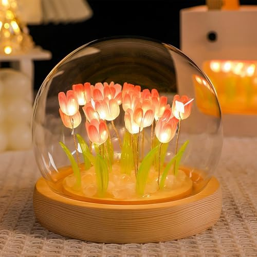AWSOLAR Rosa Lámparas Tulip, Lámpara Tulip con 13 Tulipanes Iluminados y Base de Madera, Eegalo Tulip Morado para Mujeres