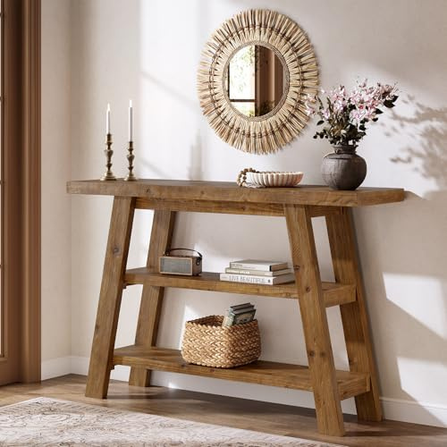 Massivholz-Konsolentisch, 120 cm langer Landhaus-Eingangstisch mit 3-stufigen Regalen, rechteckige Couch-Tische hinter dem Sofa, schmale Akzenttische für Flur, Eingang, Foyer, Wohnzimmer (Braun)