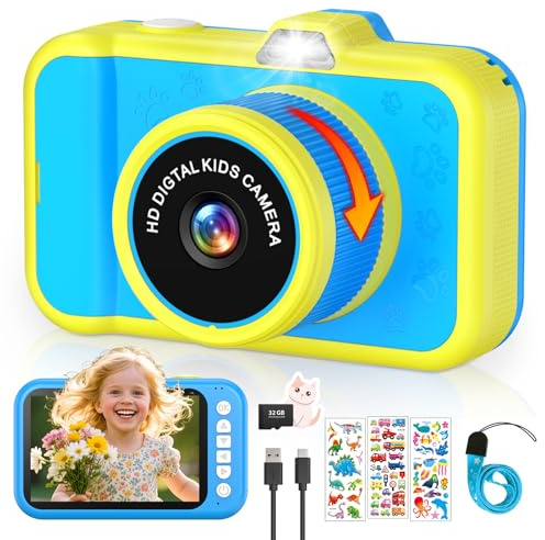 Appareil Photo Enfant | Zoom Rotatif 360° | 3.5 Grand Écran| 1080P HD Appareil Photo Numérique Enfant avec Selfies | Flash | Carte 32G | Cadeau Jouet Fille et Garçons 3 4 5 6 7 8 9 10 11 12 Ans