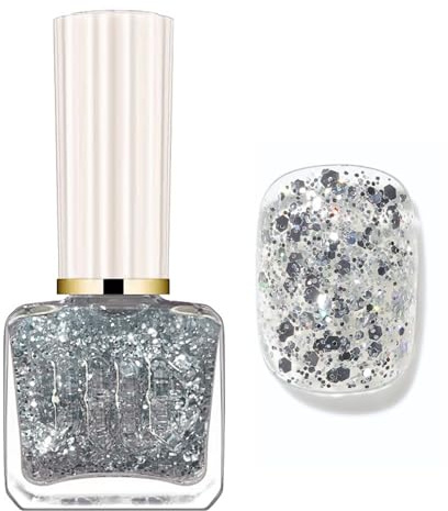 Silver Glitter Nail Polish - Quick Dry Flash Shiny Nail Varnish - Silver Diamond Sparkle Clear Nail Paint - Long Lasting Iridescent Chunky Glitter No Need Baking Polish for Women Nail Art 12ml
