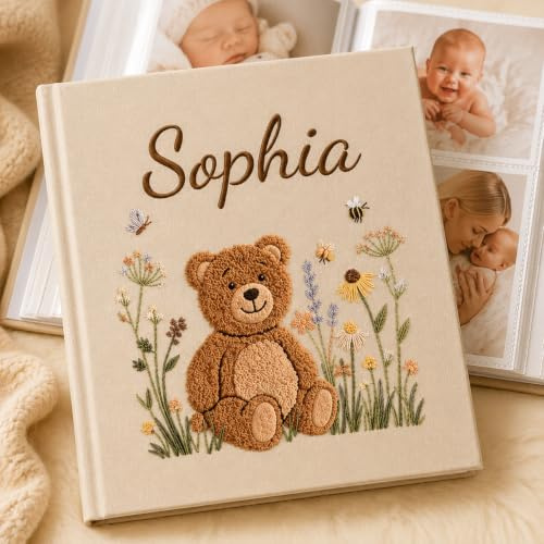Personalised Baby Photo Album with Embroidered Teddy Bear (200 Photos) | Custom Linen First Year Baby Memory Book with Name, Baby Keepsake for Newborn Boys Girls, Acid-Free 11 x 14cm Photo 50 Pages
