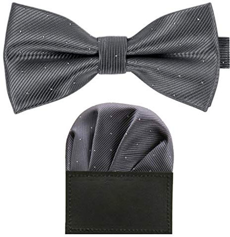 GASSANI 2Tlg Fliegenset, Festliche Dunkel-Graue Herren-Fliege Silber Gepunktet, Hochzeitsfliege Anzug-Schleife Vor-Gebunden Ein-Stecktuch Vorgefaltet