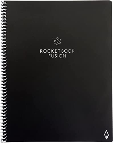 Rocketbook Fusion Wiederverwendbares Notizbuch - Schwarz, Letter A4, 7 Seitenvorlagen mit Kalender, To-Do Liste, Punktraster und Linierte Seiten, Inklusive FriXion Stift und Mikrofasertuch