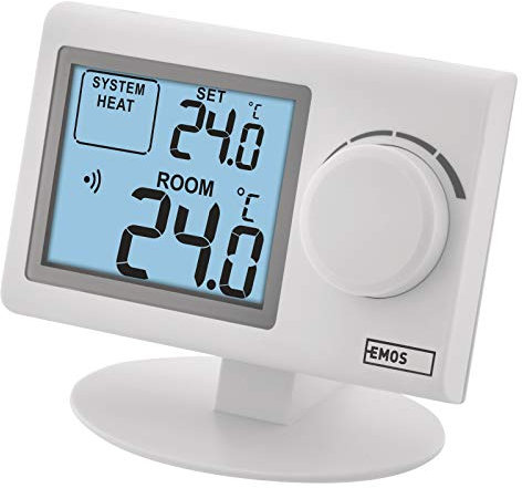 EMOS - digitaler Raumthermostat mit LCD-Display - Sender + Empfänger Set - manuell, drahtlos - Heiz- und Kühlsysteme - Regelung 5-35 °C - 100m Reichweite - Tisch-/Wandhalterung - Batterie inkl - weiß