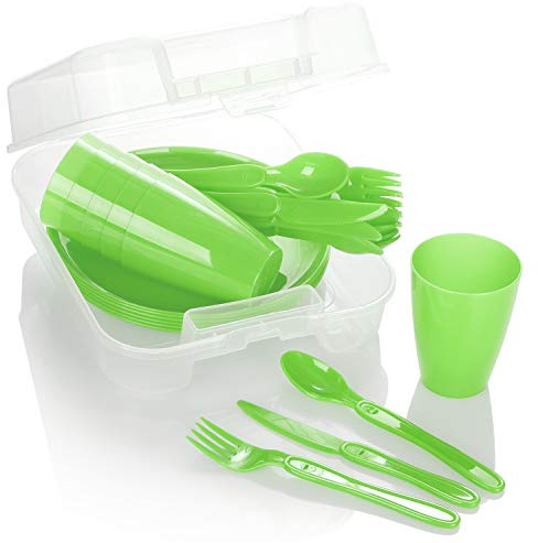 COM-FOUR® 31-teiliges Picknick-Set, Picknickkorb und Mehrweggeschirr für 6 Personen, idealer Picknickkoffer für Camping, Wohnmobil, Strand und Rucksackreisen (grün)