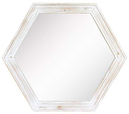 Stonebriar Espejo de Pared Decorativo Hexagonal de 61 cm con Marco de Madera Pintada de Blanco Desgastado y Soporte para Colgar Adjunto
