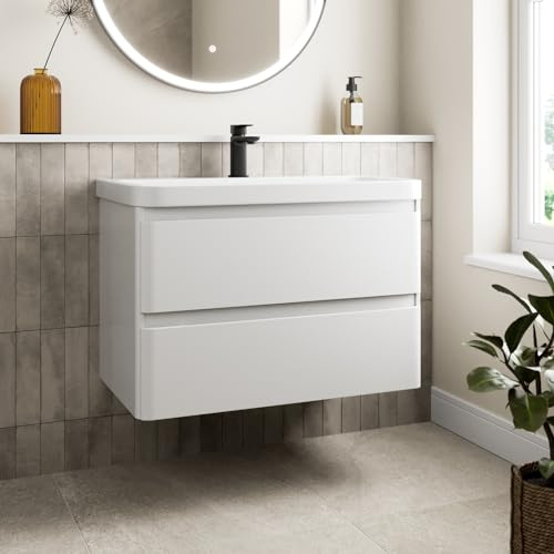 Affine® 800mm Vanity Unit Wash Basin Sink Bathroom Wall Mounted Storage Cabinet Cupboard Cloakroom, Soft Close Drawers, White Gloss