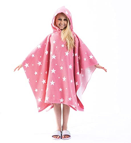 Dreamscene Kids Poncho Towel, Changing Robe Summer Holiday Boys Girls Kids Hooded Towel Swimming Pool Beach Surfing Quick Dry Soft Microfibre, Star Blush Pink One Size