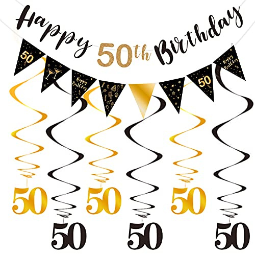 Schwarz und Gold 50. Geburtstag Dekoration Kit für Männer, Happy 50. Geburtstag Banner Bunting Strudel Luftschlangen, Dreieck Flagge Banner für Geburtstagsfeier Dekorationen Lieferungen
