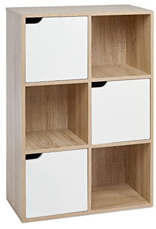 Mondeer Étagère de Rangement, Bibliothèque avec 6 Cubes Moderne en Bois Inclus 3 Portes et 3 Ouvertes, pour Salon ou Bureau, 60 D x 30 W x 90 H cm, Blanc et Chêne
