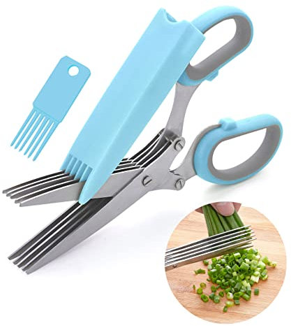 LHS Herb Scissors, Multipurpose 5 Blade Kitchen Herb Shears with Safety Cover, Kitchen Scissors for Chopping Basil Chive Parsley -Blue