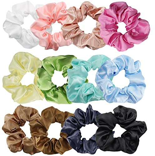 Hårsnoddar i silke – TONBAO 12 st scrunchies i satin, silkeslent lockigt hårtillbehör för kvinnor, mjukt silkeselastiskt hårband, set med hårband, hästsvanshållare