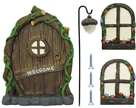 Zreneyfex Feengartenzubehör Hof Garten Skulptur Dekoration Zwerg Haus Fenster und Tür mit Lampe Dekoration für Bäume