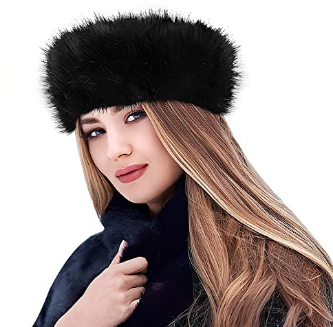 Lusofie Faux Fur Headband with Elastic Black Fuzzy Fur Hat Fluffy Headband for Women Winter Ski Earmuff