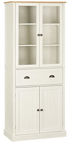 HOMCOM Alacena de Cocina Despensa Armario de Cocina con 2 Puertas de Vidrio 1 Cajón y Baldas Ajustables Aparador para Comedor Salón 76x40x182,5 cm Crema