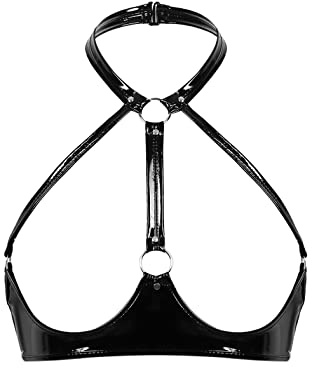 iiniim Sujetador de Charol para Mujer Sujetador Push Up Halter Sujetador Abierto Wetlook Lencería Bra Top Harness Clubwear B Negro S