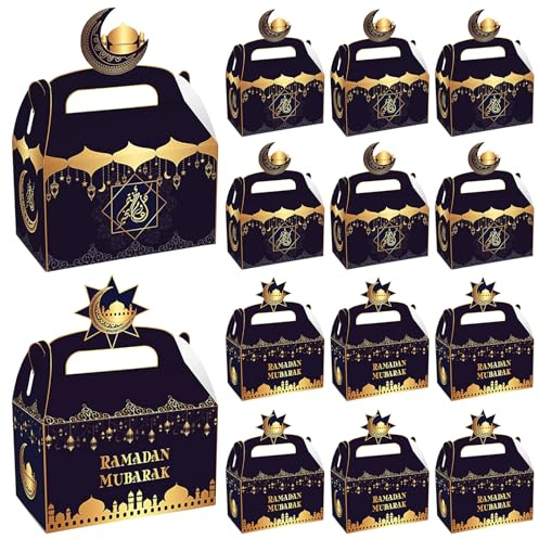 Eid Mubarak Geschenkboxen, 12 Stück Ramadan Geschenkschachteln, Geschenkboxen mit Griff, Eid Mubarak Geschenktüten zum Befüllen Geschenkverpackung für Kinder, für Eid al-Fitr Geschenk Verpackung (B)