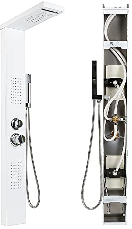 MINGYI Colonne de Douche Hydromassante, avec Douchette et Pommeau, 4 Modes de Douche, Connecteur DIN Standard 1/2'' (Blanc, 15×130 cm)