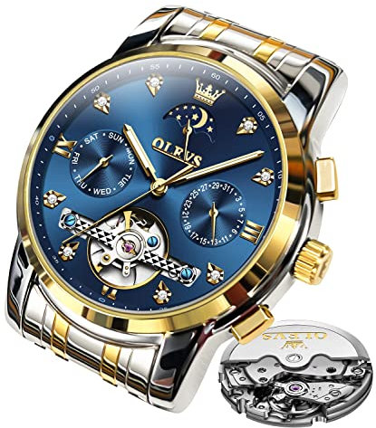 OLEVS Herrenuhren Automatik Mechanische Blau Armbanduhr mit Skelettiertem Tourbillon Kalender Wasserdicht Leuchtende Klassische Luxus Armbanduhren für Herren