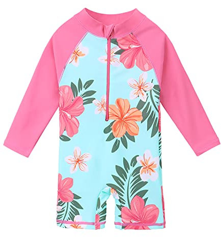HUAANIUE 1 pieza traje de baño niña bebé anti UV UPF 50+ bebé niña traje de baño de una pieza con cremallera manga larga de 1 mes-6 años, S292-cyan Flower, 6-12 Meses
