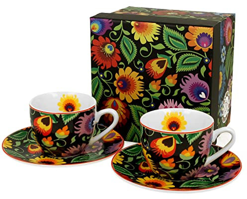 MamboCat Etnic Lot de tasses à expresso pour 2 personnes I 100 ml I Porcelaine New Bone China I Petite tasse avec soucoupe, motif floral coloré et emballage cadeau I Alternative pour Lungo, Americano