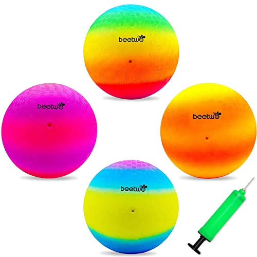 Beetwo Bouncy Kickball, PVC Kinder Spielball, Mehrfarbig Regenbogen Ball Kinder, Fußball Softball, Kinderball für Drinnen und Draußen mit Handpumpe, EIN Set mit 4 Bällen(8,5 Zoll) -Mehrfarbig