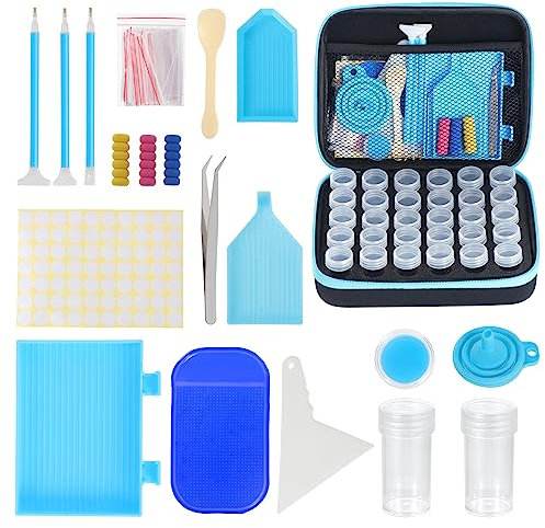 KEESIN Diamond Painting Zubehör Boxen,30 Slots Diamond Painting Storage Diamond Painting Koffer mit Trichter Stickers für Strass Perlen Nägel DIY Handwerk(Blau)