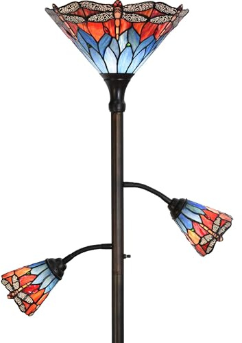 Bieye L30837 Lampada da terra in vetro colorato in stile Tiffany a forma di libellula con luci laterali per la lettura, alta 70 pollici (libellula, rosso blu)