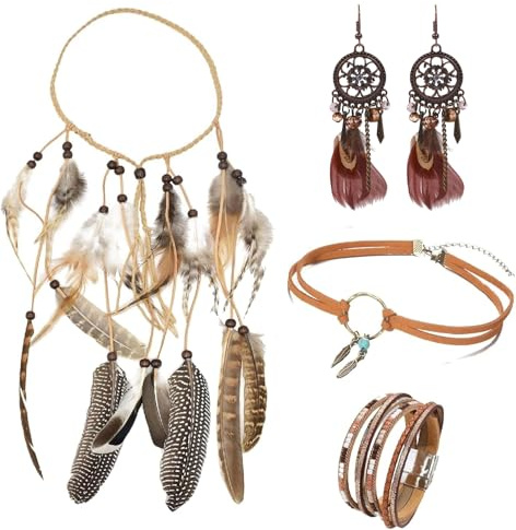 Eowppue Pack of 4 Hippie Feder Kopfschmuck, 70er Kleidung Damen, Vintage Boho Hippie mit Kopfband Halskette, Stammes Kopfschmuck im Native American Stil