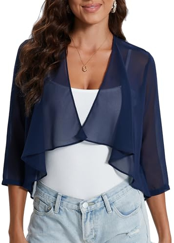 Hobrounn Damen Sommer Bolero Festlich Chiffon 3/4 Ärmel Strickjacke Cardigan Frauen Kurz Elegant Shrug Leichte Dünn Schulterjacke Bolerojacke Tops(Navy blau,M)