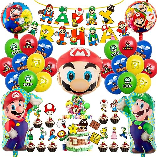45 Pcs Luftballon Geburtstag Deko Jungen Mädchen Ma- rio Luftballons Geburtstagsdeko Super Bros Folienballon Happy Birthday Banner Cake Cupcake Toppers für Kindergeburtstag Ballon Party Supplies Deko