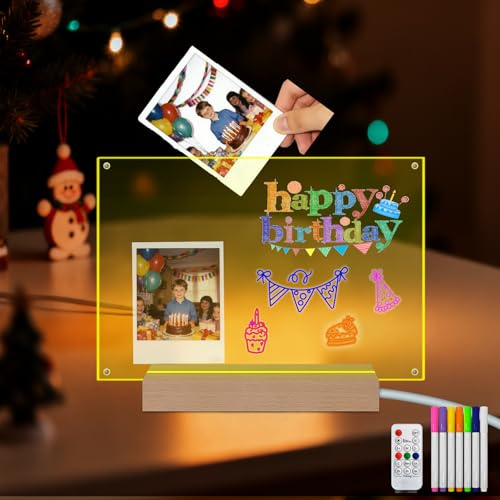 Acrylrahmen, 21,6 x 30,5 cm, beleuchteter Holzsockel, Fotorahmen mit 7 wechselnden Farben, dicker, rahmenloser, transparenter Bilderrahmen mit magnetischem DIY trocken abwischbarem Rahmen mit Markern