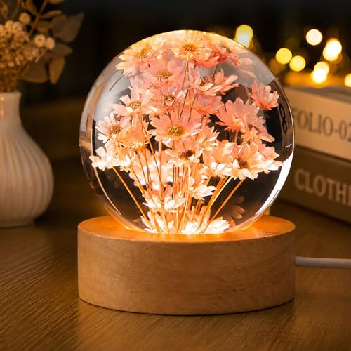 Kristallkugel Nachtlicht 6 cm mit USB Holzsockel, LED Deko Lampe mit Gänseblümchen Harzkugel, Stimmungslicht für Schlafzimmer Wohnzimmer Büro, Geschenk für Frauen Mama Freundin Geburtstag Weihnachten