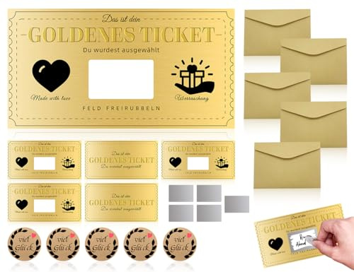 Lhbwhiz 5 Set de Vales para Rellenar, Vale Auto-Completable de Entrada Dorada con Adhesivo de Borrado, Sobre de Papel Kraft y Pegatina de Buena Suerte, Tarjeta de Cumpleaños, Regalos para Mujeres