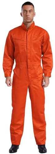 dPois Herren Arbeitsoverall Baumwolle Einteiler Jumpsuit Ganzkörperanzug Arbeitsanzug mit Taschen Erwachsehe Arbeitskleidung für Bau Werkstatt Orange XXL