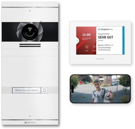 Metzler VDM10 2.0 Video Sprechanlage Komplett Set mit austauschbarem Namensschild - Anschluss LAN/POE - Türsprechanlage mit HD-Kamera und Bildschirm für 1 Familienhaus, in Weiß aus V2A Edelstahl