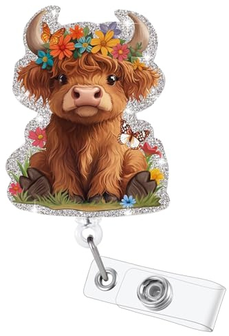 Funny Badge Reel, Cute Highland Cow Retractable ID Card Badge Holder, Name Tag Pediatric Badge Clip for NICU RN LPN CNA MA ER Night Shift Nurse Nursing Student OB/GYN ICU Doctor Teacher, Nurse Gifts