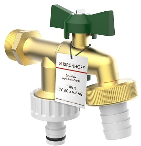 KIRCHHOFF Doppelwasserhahn 3/4 x 1 Zoll, Wasserhahn mit 2 Anschlüssen, 2-Wege-Außenwasserhahn für Gartenschlauch, Auslaufhahn für Keller und Garten, Grün