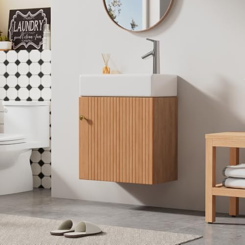 OCACA Mueble de baño con lavabo de 46 cm, armario para lavabo colgante, pequeño mueble de baño para invitados (natural)
