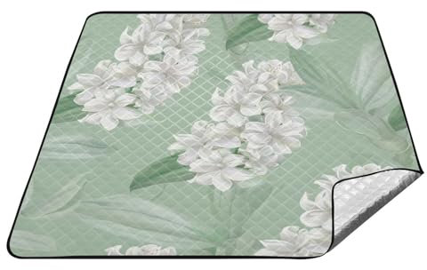 EtherSpher Hyazinthen-Blume, milder und frischer Stil, weiß, hellgrün, wasserdicht, Picknick-Zubehör, wasserabweisend, für den Innenbereich, sandabweisend, Stranddecke für draußen, Damen, Paare,