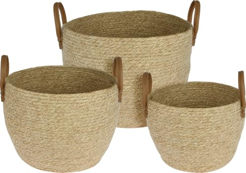 JSH Storage Baskets Set of 3 | Natural Woven Seagrass Round Home Organisers | Perfect For Logs, Kids Toys, Towels, Toilet Rolls, Bathroom | Small Medium Large | Various Styles (Natural)