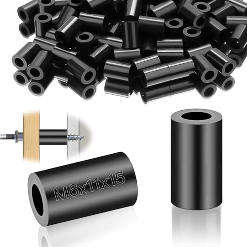 100 unidades de casquillos espaciadores de plástico M6, redondos, arandelas de nailon, arandelas espaciadoras de goma ABS, aislamiento, arandelas separadoras de 11 x 15 mm, color negro, para tornillos