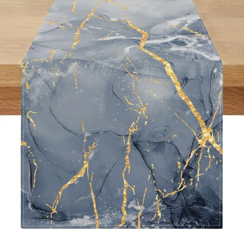 Tischläufer Abwaschbar Modern 40 x 240 cm Leinen Tischläufer Mediterran Blau Gold Marmor Goldene Textur Abstrakte Tischläufer Bunt Vintage Tisch Läufer für Esstisch Küchentisch Wohnzimmer