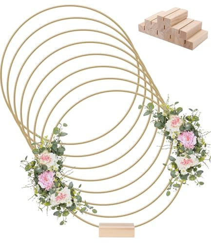 8 Stück 25cm Metallringe zum Basteln, Gold mit Holzständer mit Fuß