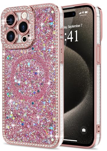 Lafunda Custodia glitterata per iPhone 15 Pro Max, lussuosa cover con diamanti scintillanti compatibile con MagSafe, per donne e ragazze, custodia protettiva antiurto per iPhone 15 Pro Max 6,7 pollici
