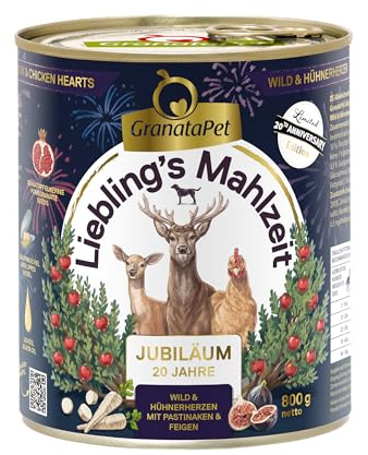 GranataPet Favoritmåltid Jubileumsutgåva vilt och kycklinghjärtan, våtfoder för hundar, hundmat utan spannmål och utan sockertillsatser, komplett mat, 6 x 800 g