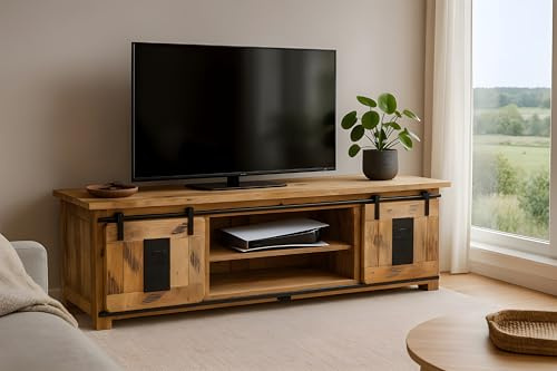 SAM Lowboard Libro 180x50x55 cm, Mangoholz Vintage-Optik | TV-Board/Fernsehkommode mit 2 Holzschiebetüren & 6 offenen Fächern, Türelemente & Reling aus Eisen, massiv